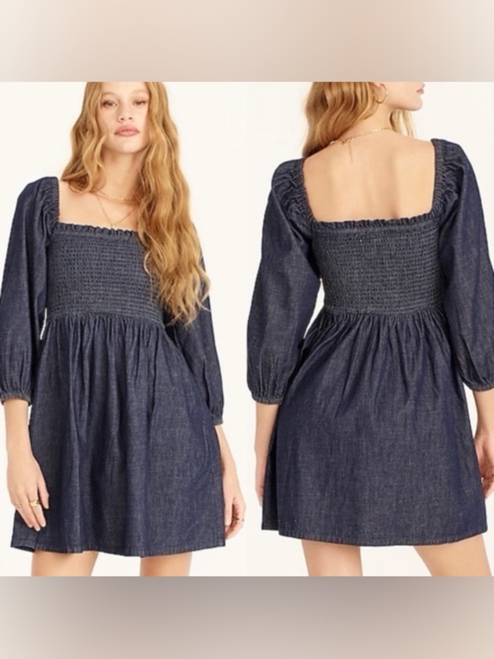 J Crew Smocked Puff-Sleeve Dress in Chambray, Size Small